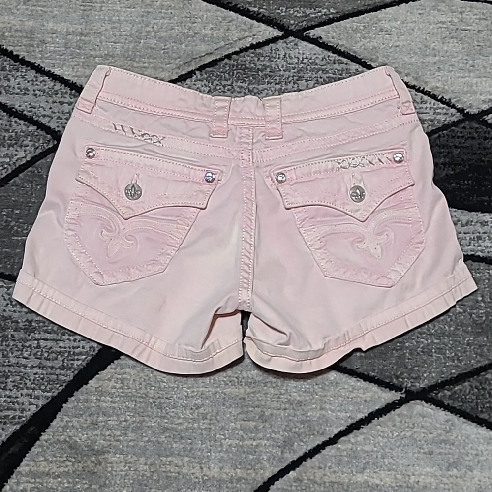 ROCK REVIVAL PEACH PINK RHINESTONES SILVER STITCH EMBROIDERED DENIM SHOR…